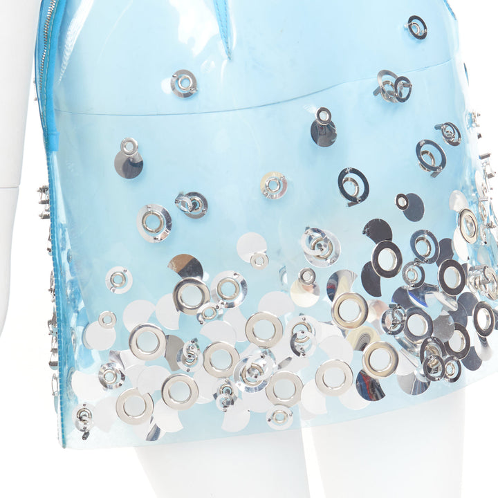 rare MIU MIU sky blue clear PVC silver sequins grommet embellished mini skirt XS