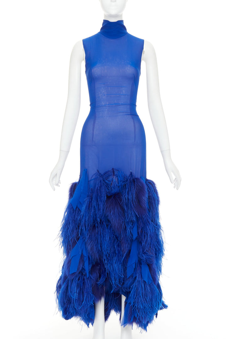 rare ALEXANDRE VAUTHIER COUTURE 2022 Runway Lemarie blue feather fur sheer dress