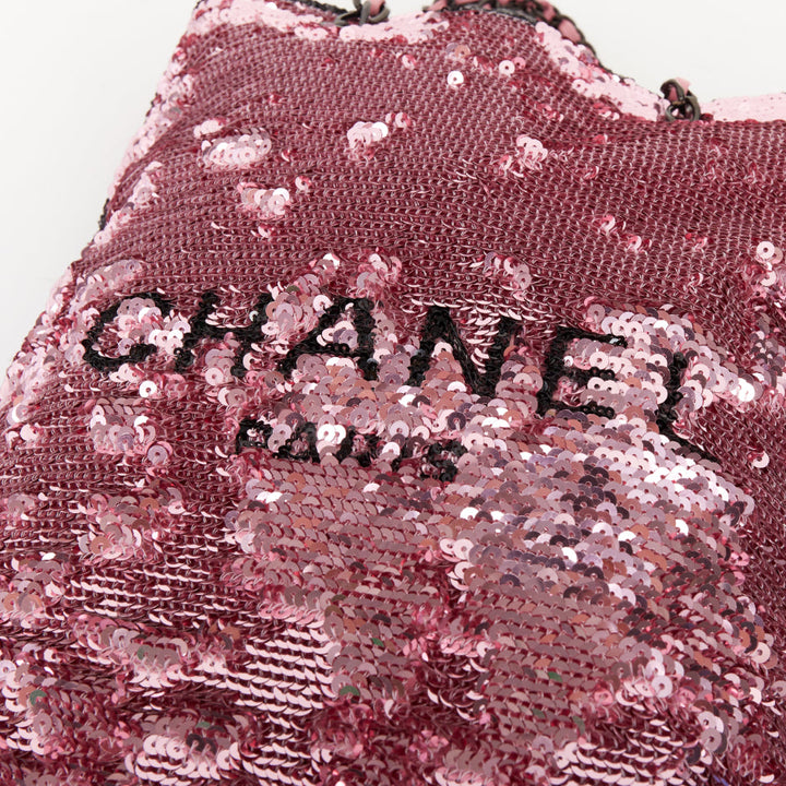 CHANEL 2024 Runway pink sequin leather block logo chain vertical shopping bag