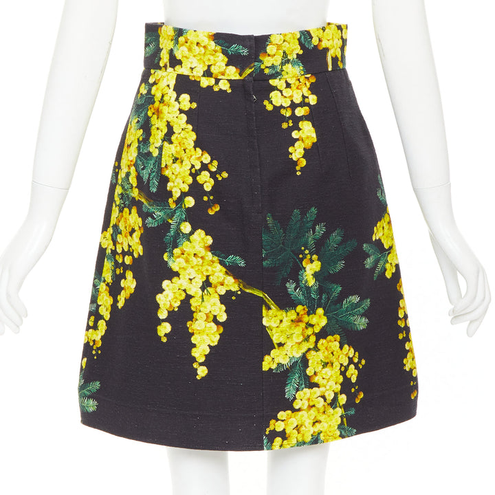 DOLCE GABBANA yellow black cotton floral print textured A-line skirt IT40 S