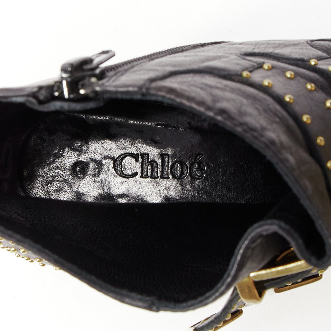 CHLOE Susanna black gold micro stud floral embellished buckle ankle boot EU37