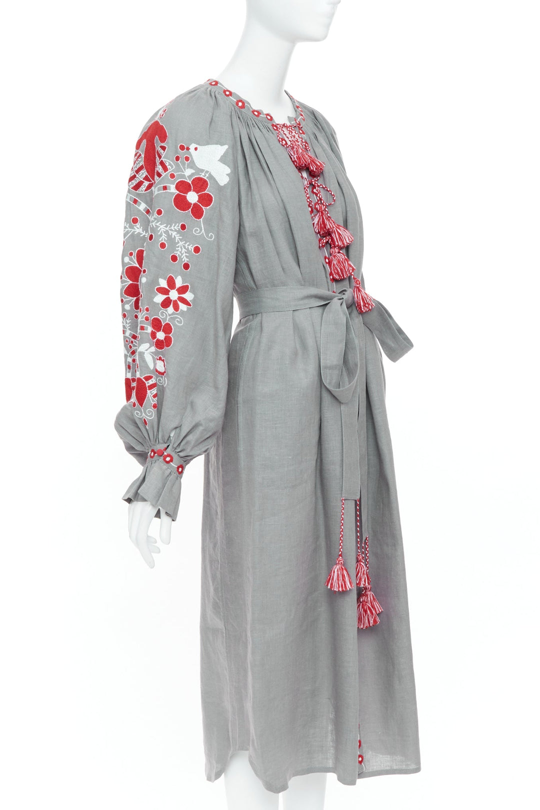 VITA KIN grey linen red folk floral embroidered boho peasant kaftan dress S/D