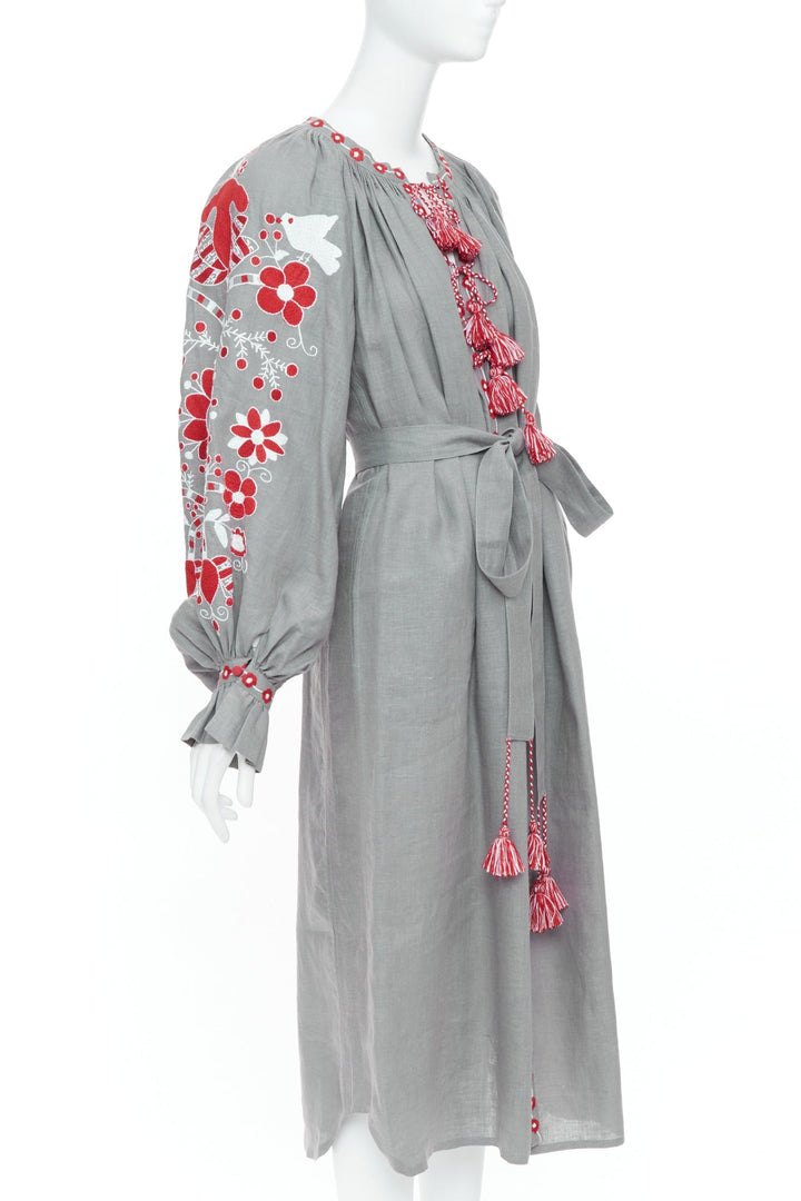 VITA KIN grey linen red folk floral embroidered boho peasant kaftan dress S/D