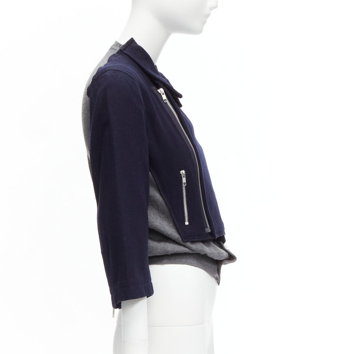 COMME DES GARCONS wool navy grey deconstructed hybrid biker cropped cardigan S