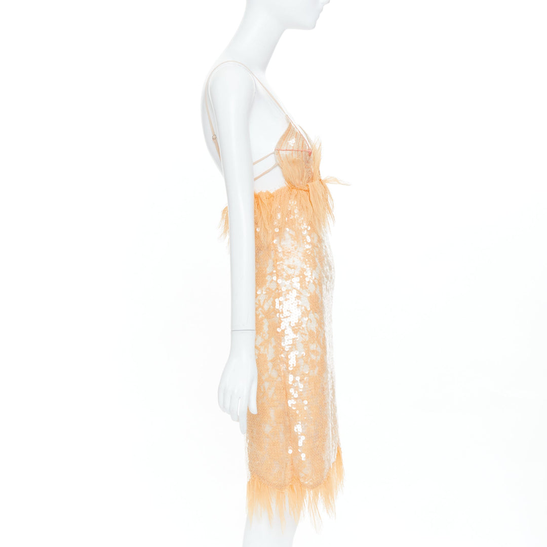 rare BOTTEGA VENETA 2022 Runway nude sequin nipple feather slip dress IT36 XXS