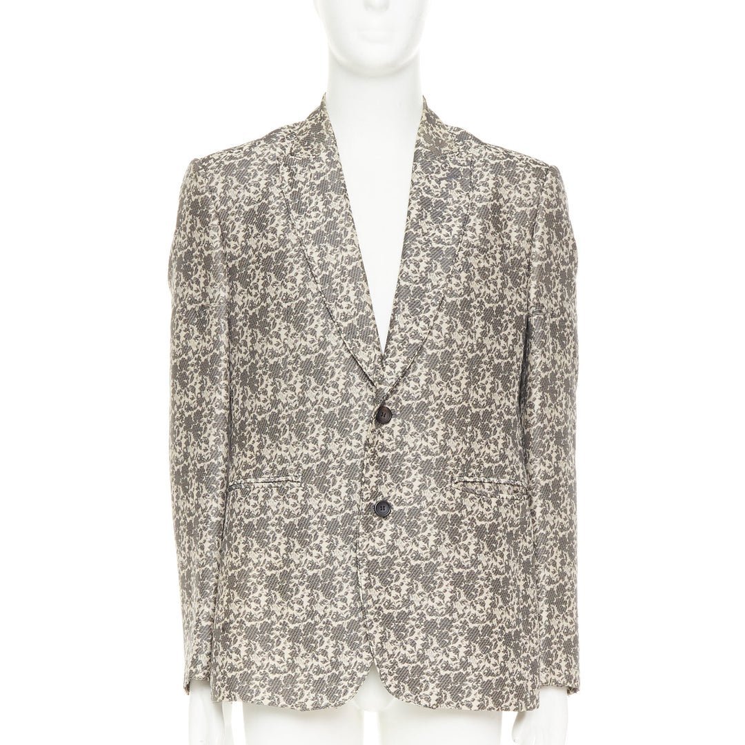 JOHN GALLIANO beige cotton blend grey floral jacquard tapestry blazer EU50 L