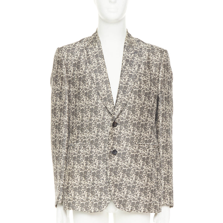 JOHN GALLIANO beige cotton blend grey floral jacquard tapestry blazer EU50 L