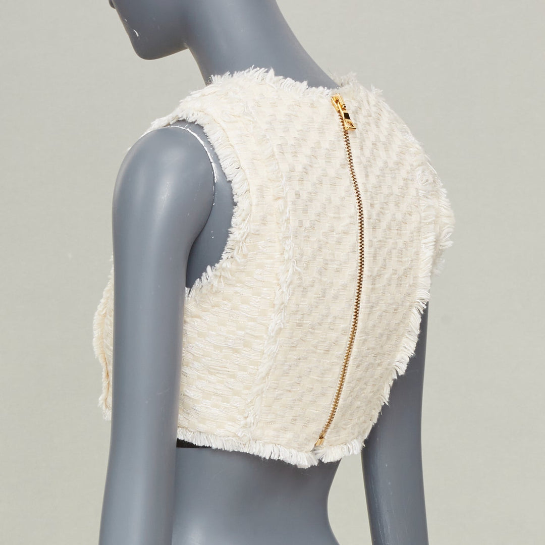 BALMAIN 2023 fringe tweed lion button sleeveless crop cropped gilet vest FR36 S