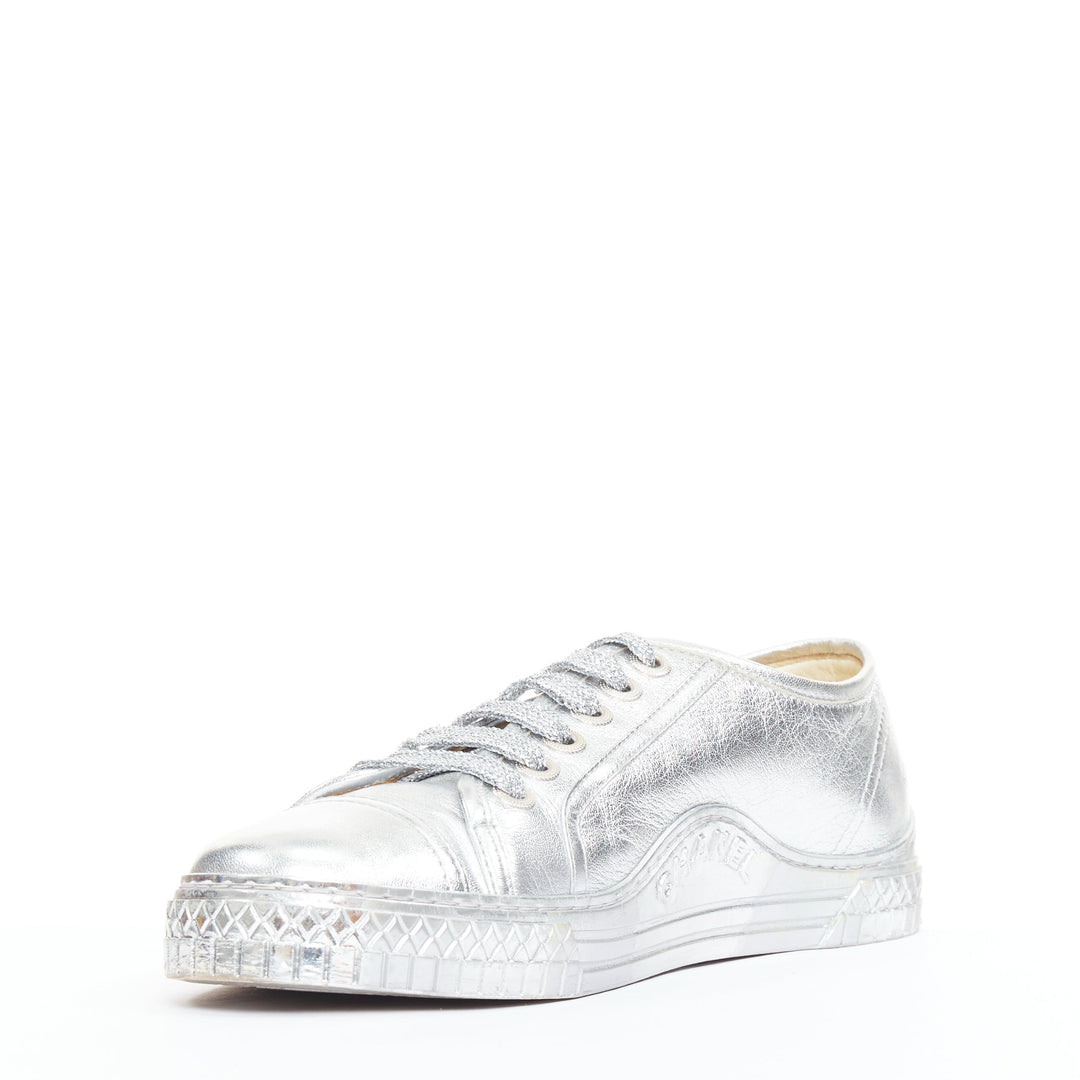 CHANEL 2017 metallic silver leather glitter lace up low top sneakers EU38.5