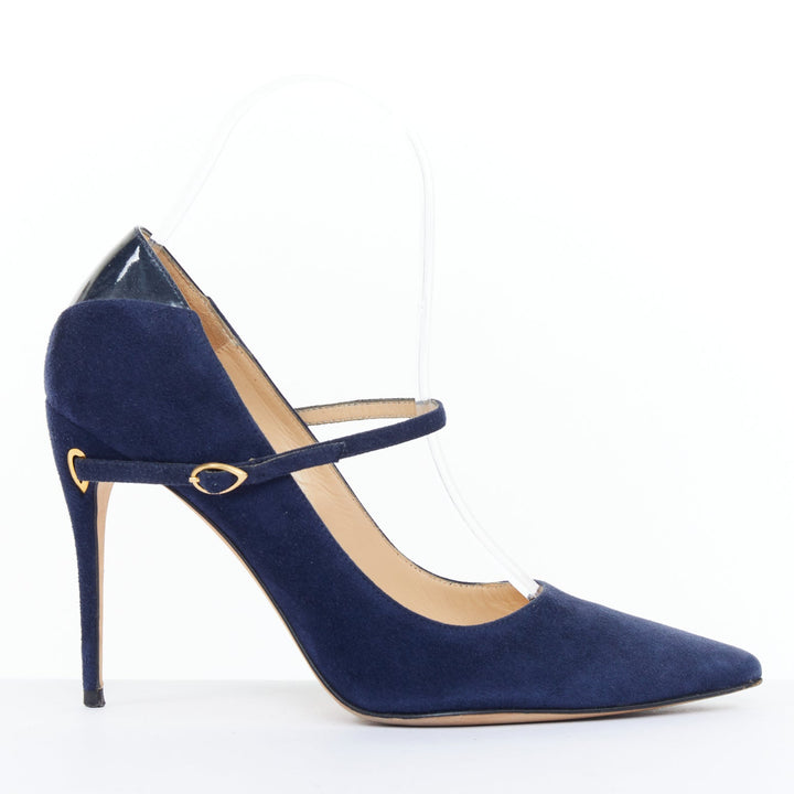 JENNIFER CHAMANDI Lorenzo 105 navy blue suede eye of needle stiletto pump EU36.5