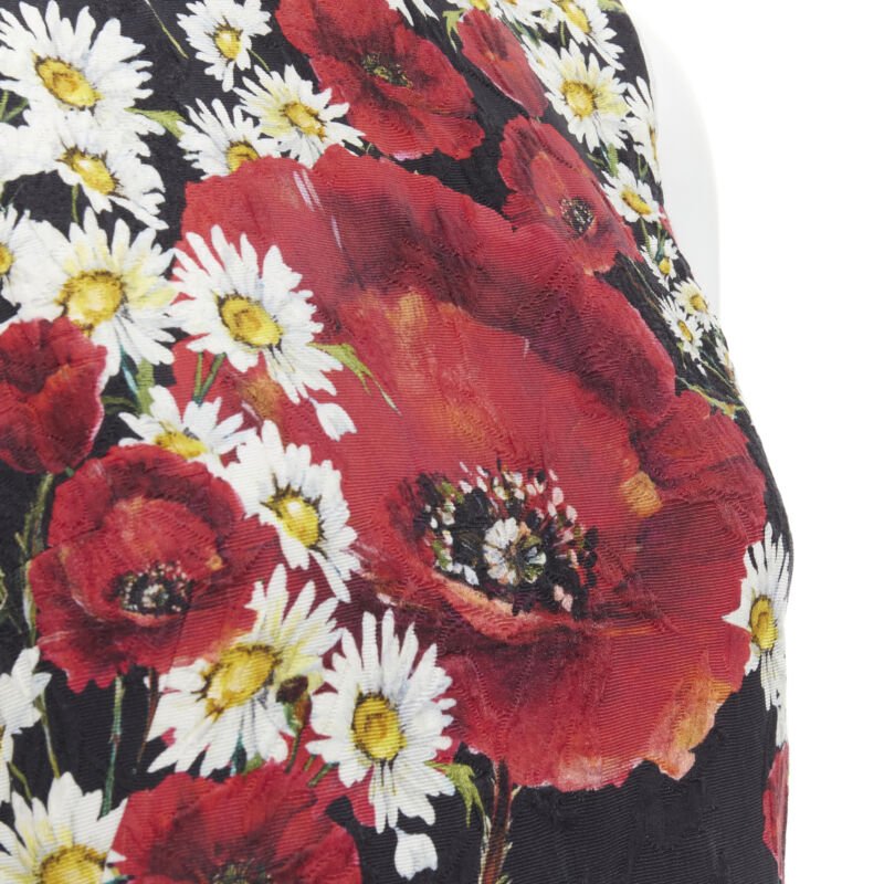 Female mannequin wearing Dolce Gabbana Poppy daisy jacquard dress Black Cotton Women Cocktail Dresses in Size IT36 | Available at JHROP