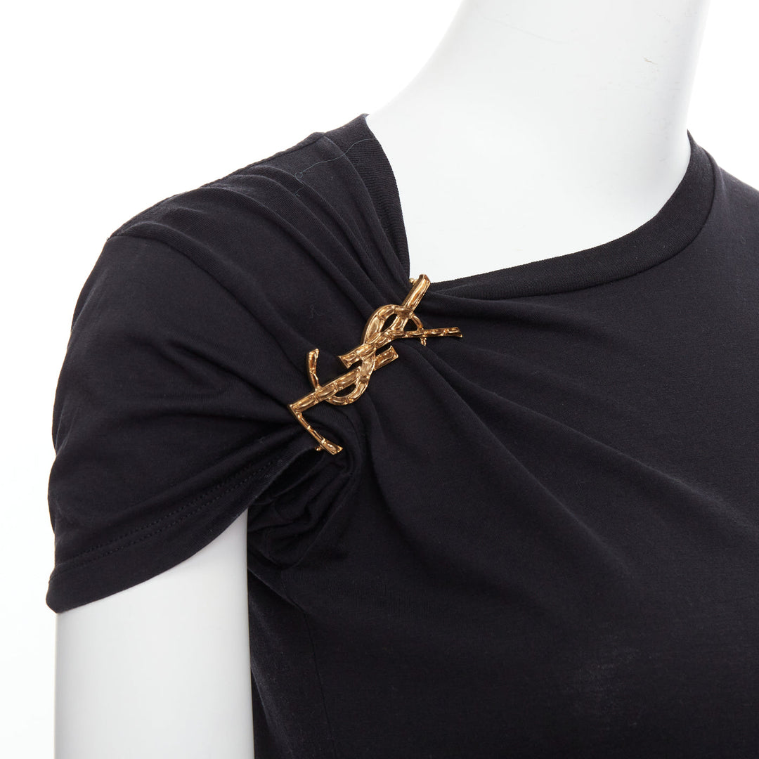 SAINT LAURENT 2016 black YSL gold brooch asymmetric pull tshirt XS