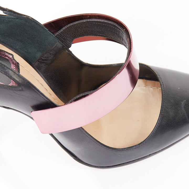 CHRISTIAN DIOR 2013 Runway black leather pink metallic band slingback pump EU37D