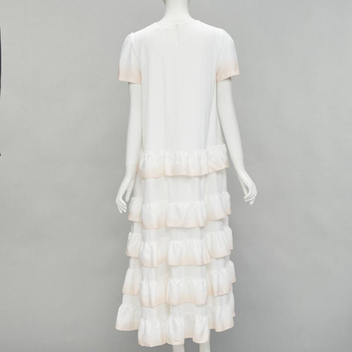 MAJE white pink dip dye ruffle petal tiered midi dress FR38 M