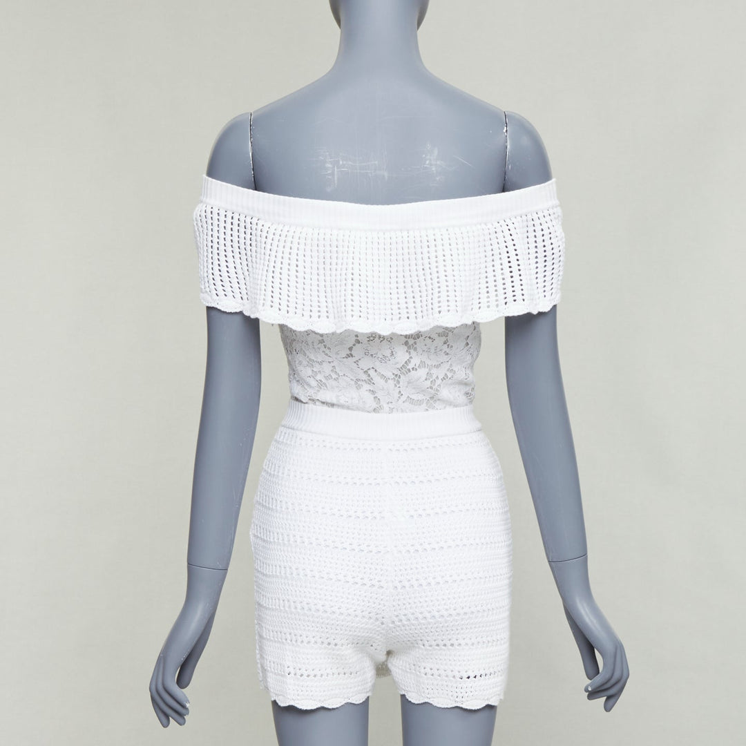 VALENTINO white cotton multi knit lace off shoulder silk lined playsuit XS