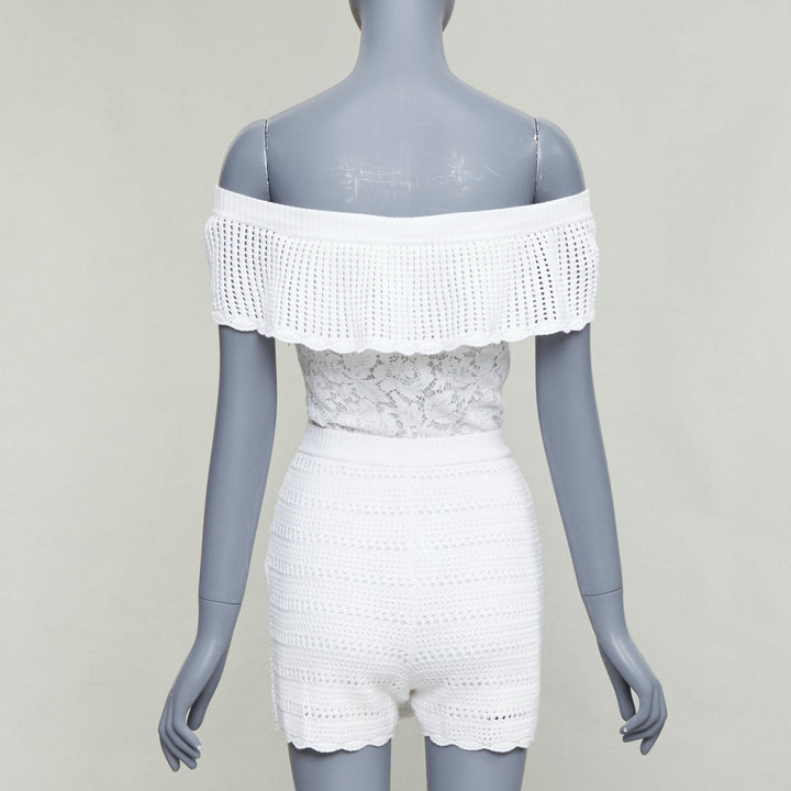 VALENTINO white cotton multi knit lace off shoulder silk lined playsuit XS