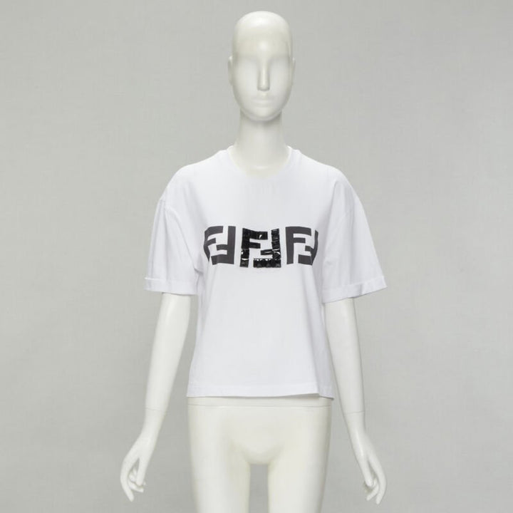 FENDI ROMA black bead embellished FF Zucca logo white tshirt S