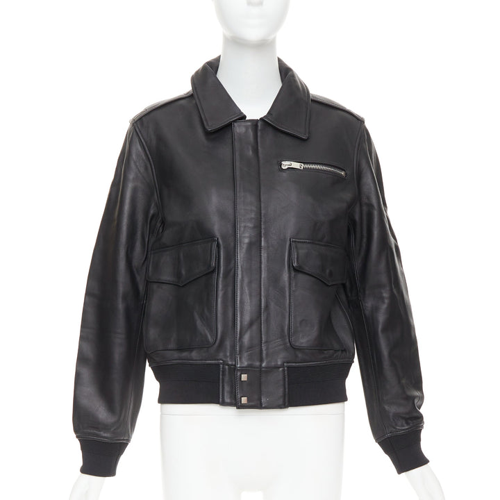 SAINT LAURENT 2020 black sheepskin leather pocketed flight jacket L