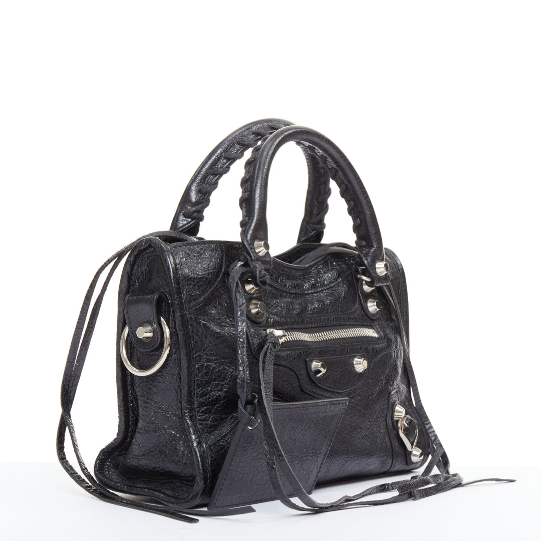 BALENCIAGA Le City Mini black crinkled leather silver hardware crossbody bag