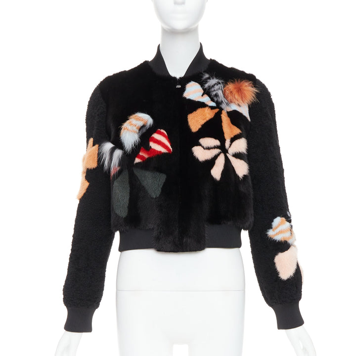 FENDI black floral fur leather lined cropped bomber jacket IT40 S