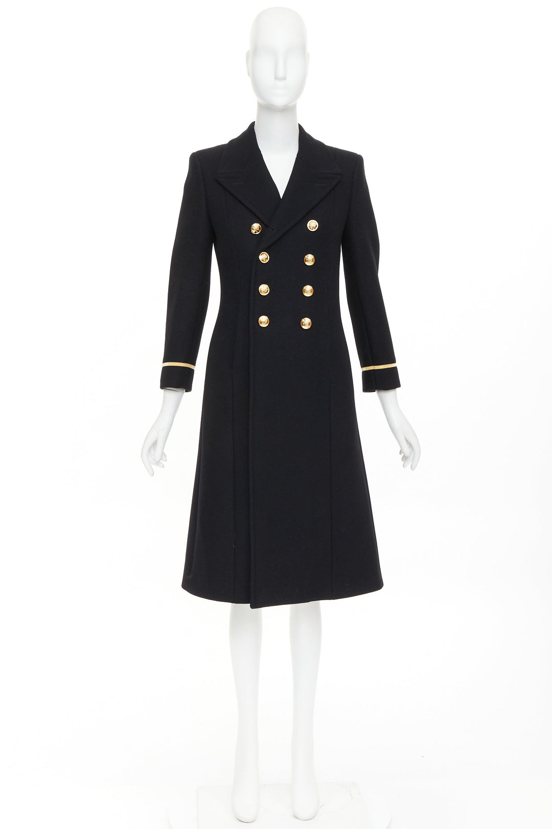 SAINT LAURENT 2016 black wool gold crest button military officer coat FR36