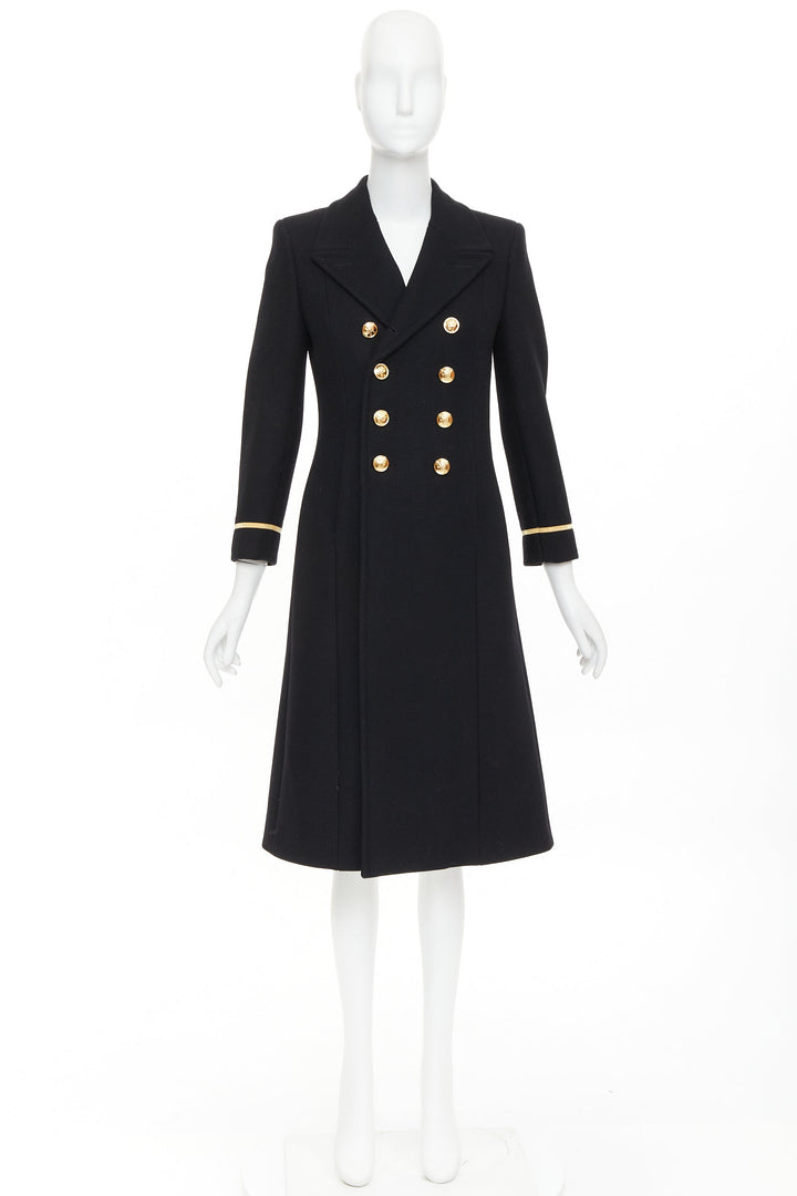 SAINT LAURENT 2016 black wool gold crest button military officer coat FR36