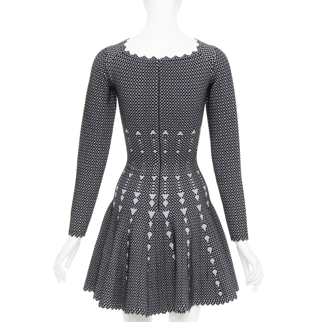 ALAIA black grey virgin wool blend dot graphic skater fit flared dress FR36 S