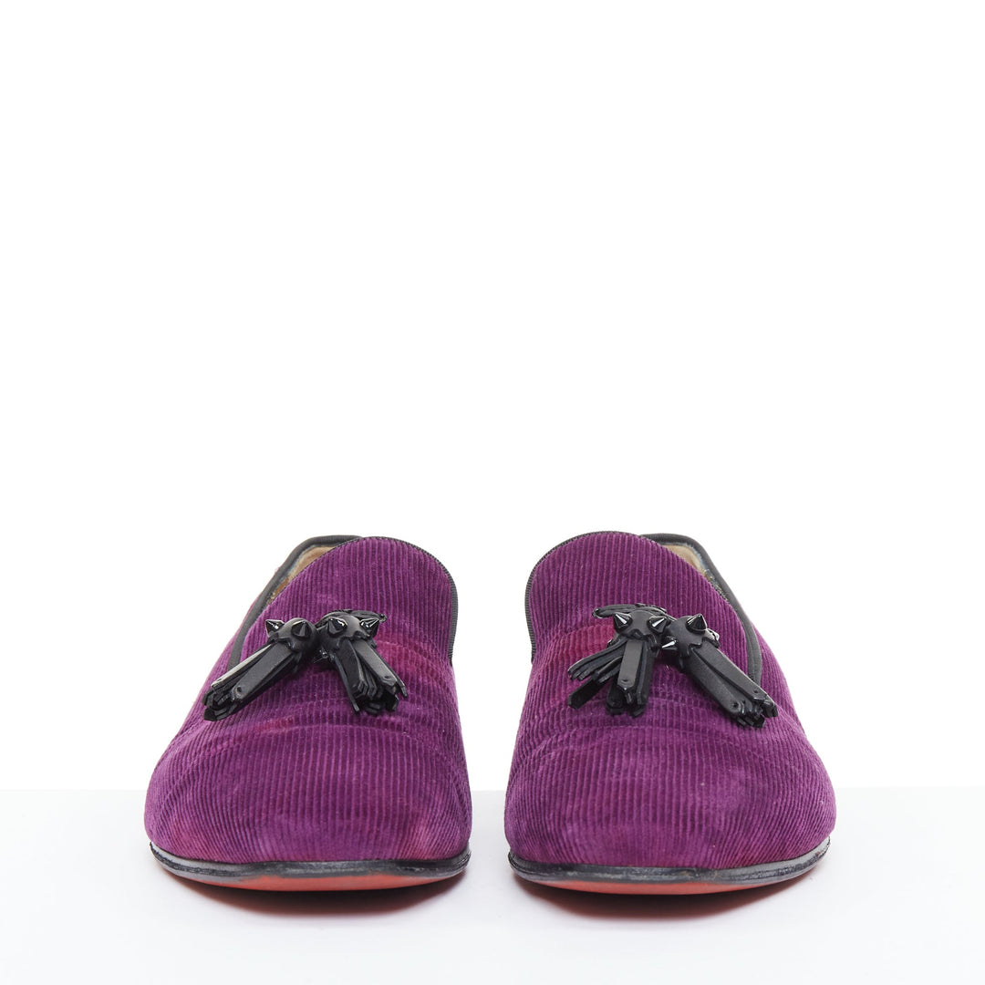 CHRISTIAN LOUBOUTIN Tassilo purple corduroy black spiked tassels loafer EU43