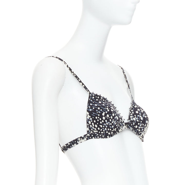 CHANEL 02A black grey CC logo faux pearl embellished padded bra