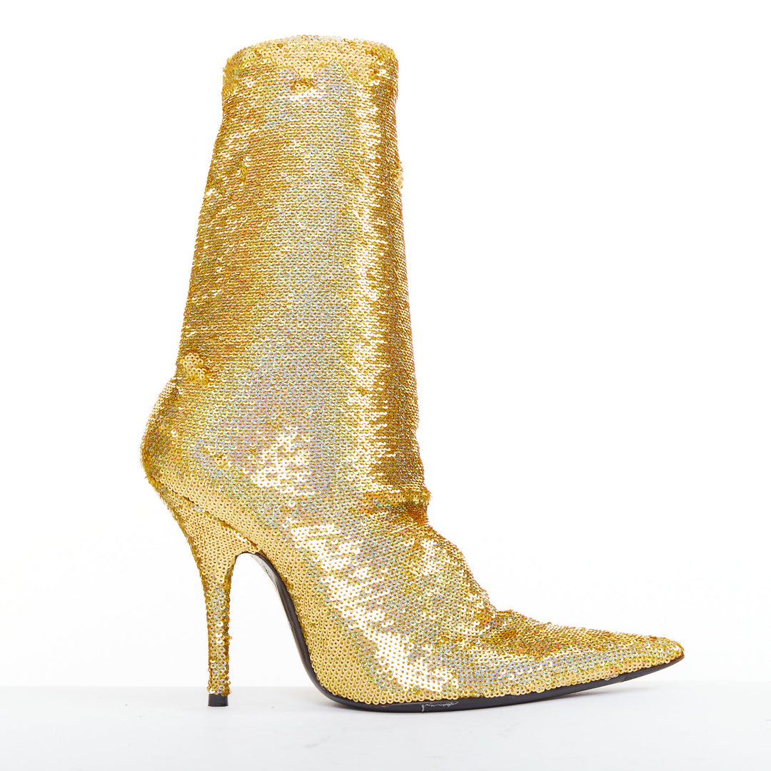 BALENCIAGA Demna Knife gold holographic sequins point toe sock ankle boots EU36