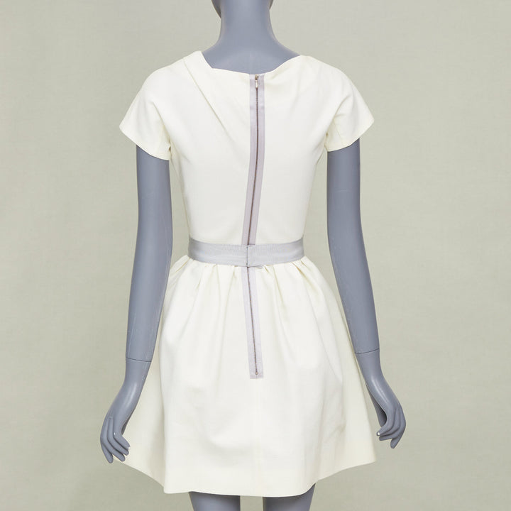 VICTORIA BECKHAM 2010 N91 cream origami fold grey belted cotton dress UK6 XS