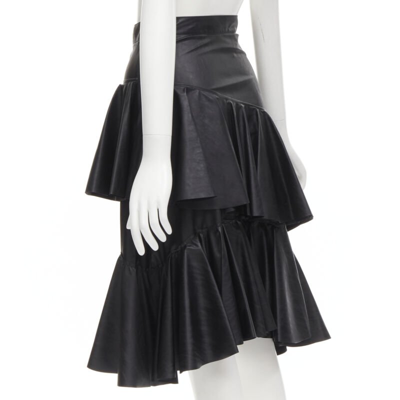 PHILOSOPHY DI LORENZO SERAFINI black faux leather asymmetric tier skirt IT38 XS