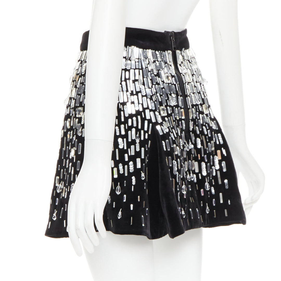 BALMAIN Embellished Skater black silver beads sequins flare mini skirt FR34 XS