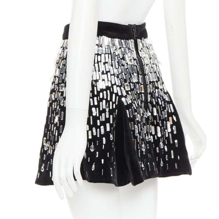 BALMAIN Embellished Skater black silver beads sequins flare mini skirt FR34 XS