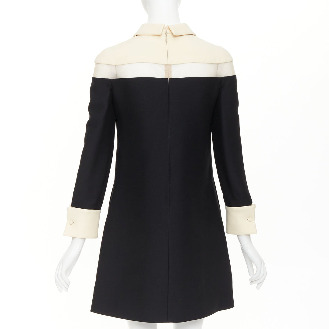 VALENTINO 2014 black beige sheer tulle wool silk inverted pleat dress IT40 S