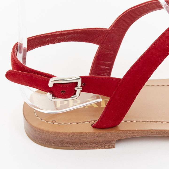 PRADA red suede leather wavy tstrap thong ankle buckle comfort flat sandals EU37