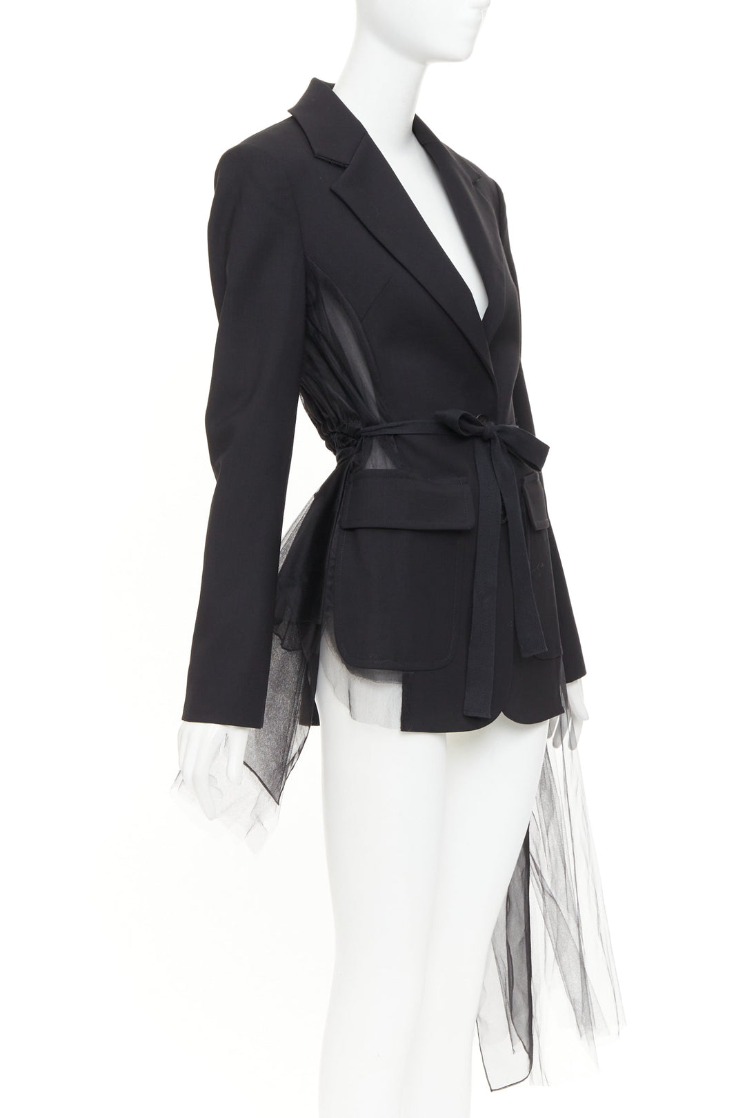 MONSE black virgin wool sheer tulle asymmetric back hybrid blazer jacket US0 XS