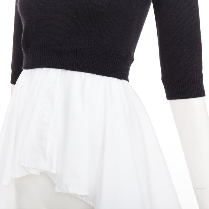 ALEXANDER MCQUEEN black wool cashmere sweater white cotton peplum top XXS
