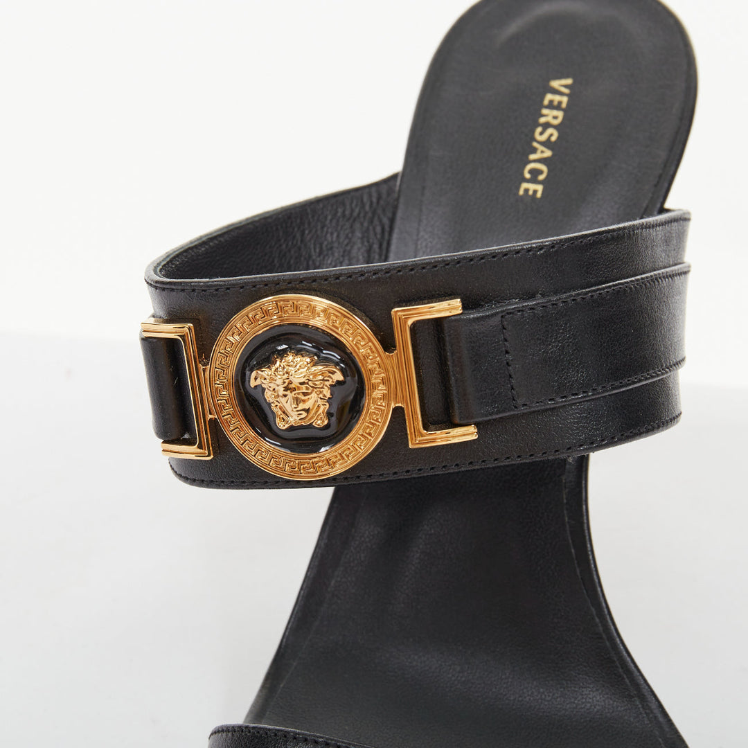 VERSACE Medusa Tribute gold buckle black leather high heel sandal EU38