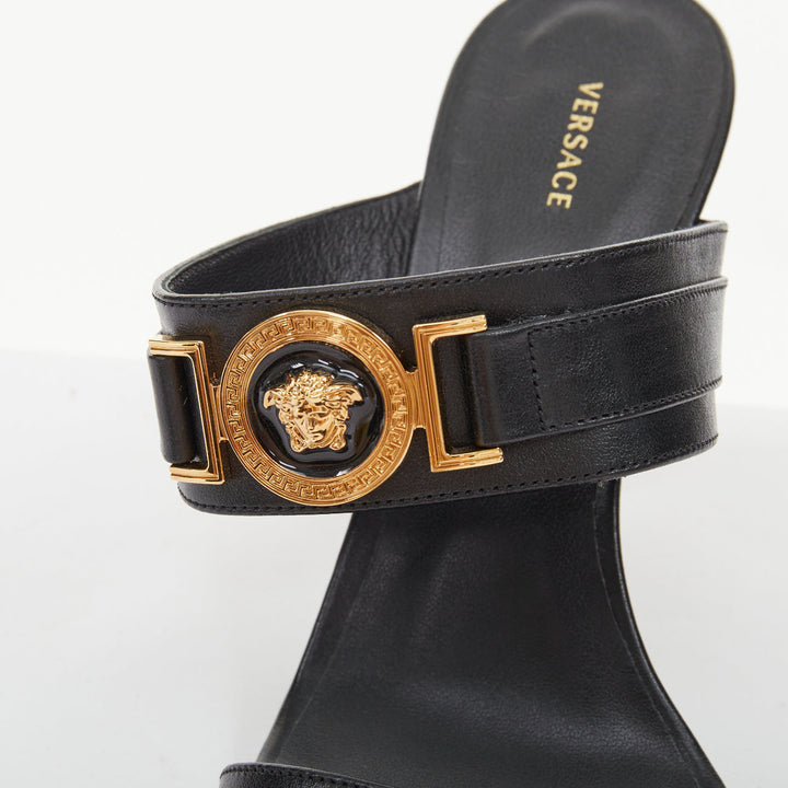 VERSACE Medusa Tribute gold buckle black leather high heel sandal EU38