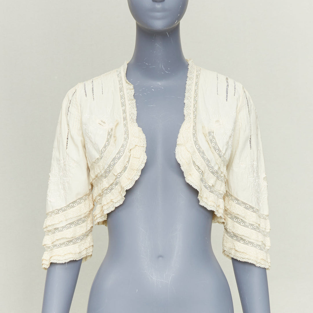 ANNA SUI cream cotton intricate lace floral embroidery ruffle trim bolero jacket