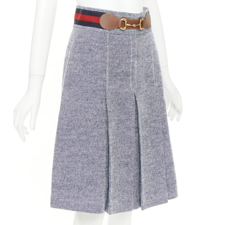 GUCCI blue cotton twill red Web Horsebit belt pleated midi skirt IT40 S