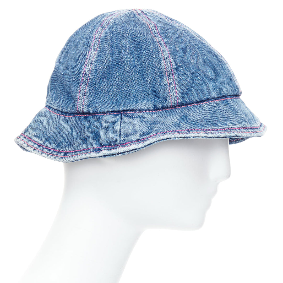 CHANEL 2022 washed blue denim silver CC logo red topstitch bucket hat M