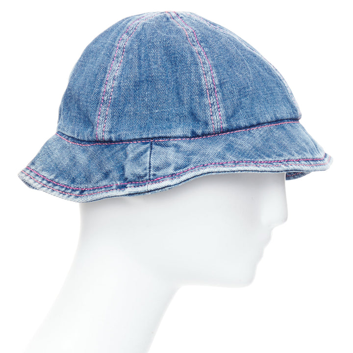 CHANEL 2022 washed blue denim silver CC logo red topstitch bucket hat M