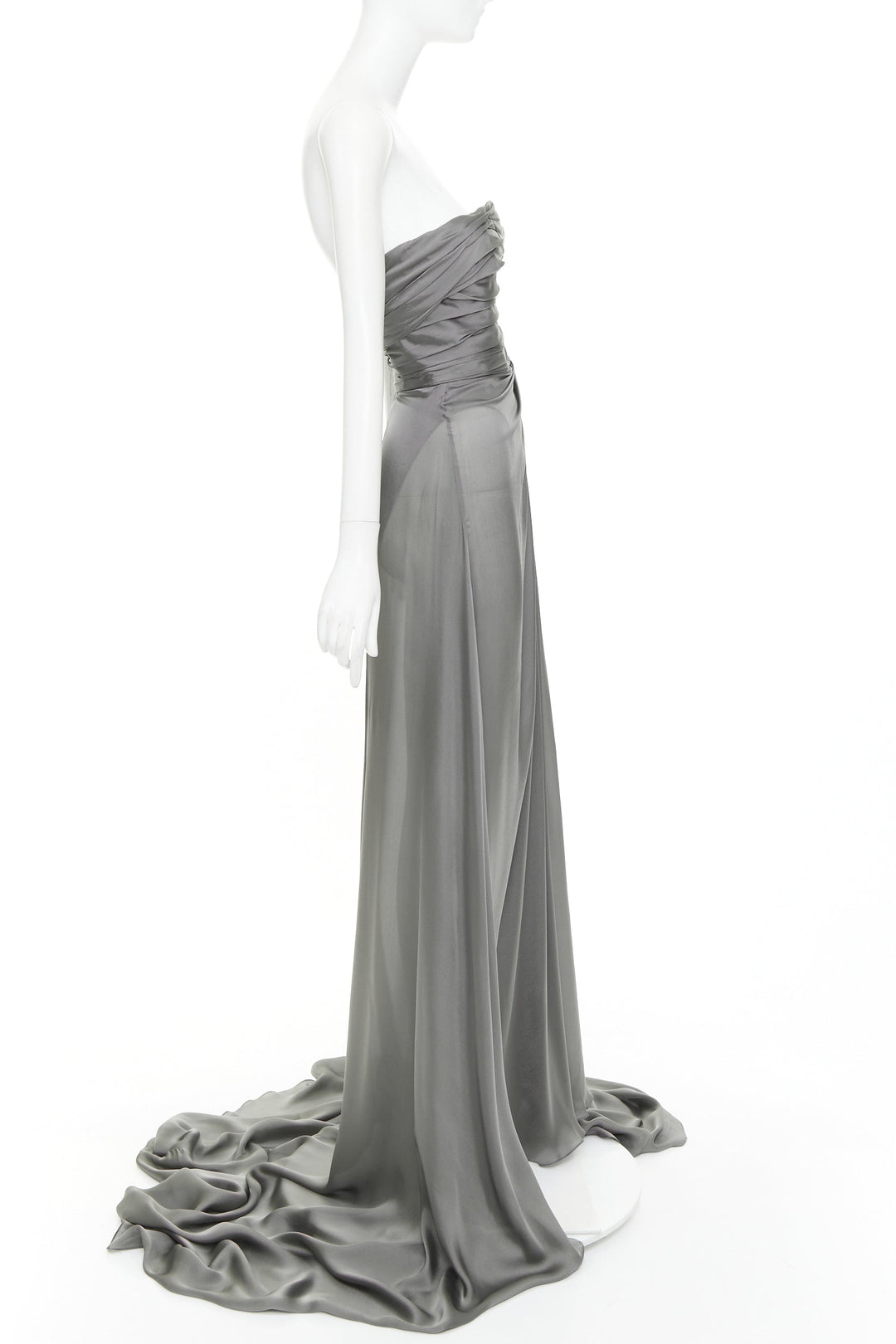 ALEXANDRE VAUTHIER COUTURE steel grey ruched draped strapless high slit gown