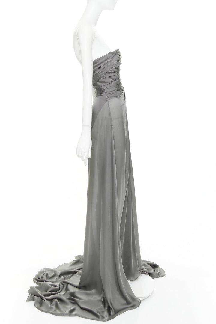 ALEXANDRE VAUTHIER COUTURE steel grey ruched draped strapless high slit gown