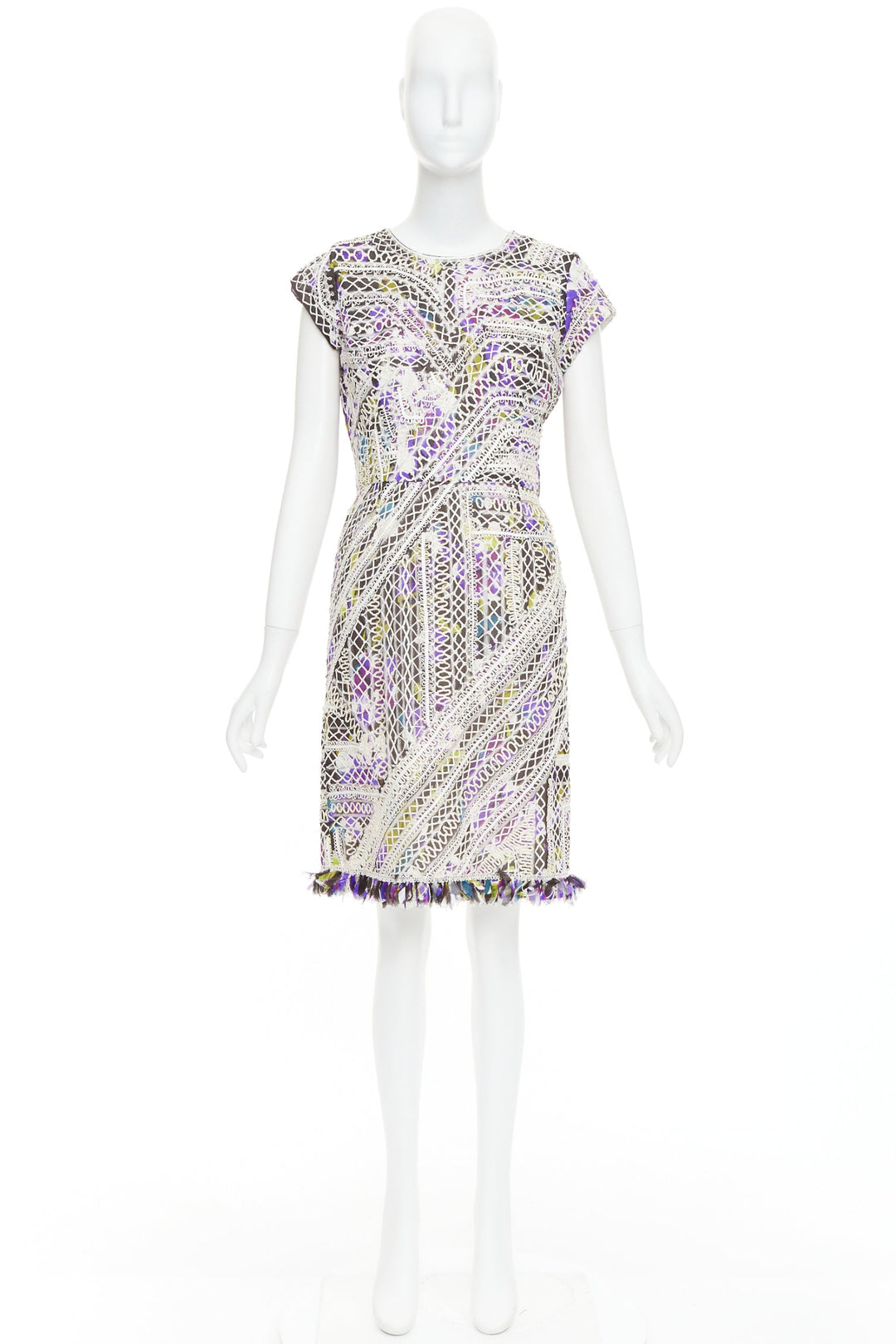 OSCAR DE LA RENTA Runway purple white silk embroidery anglais fringe dress US6 M