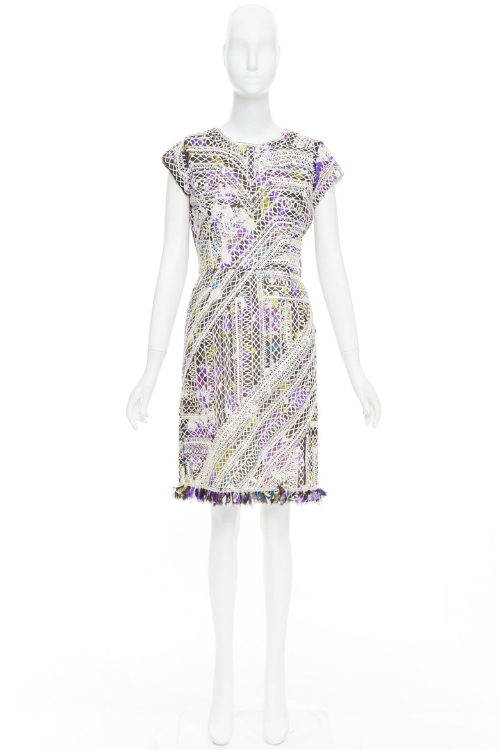 OSCAR DE LA RENTA Runway purple white silk embroidery anglais fringe dress US6 M
