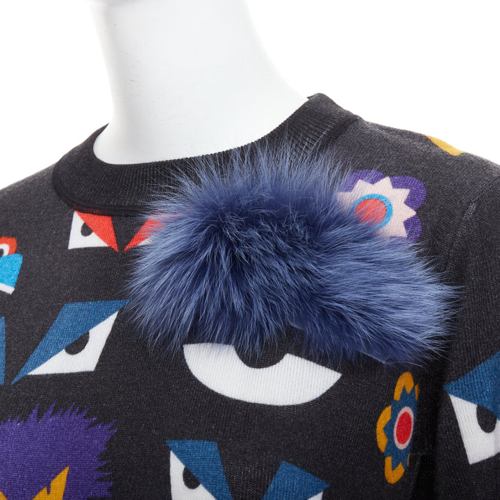 FENDI Monster Bug Eye print black virgin wool fur trim sweater IT40 S