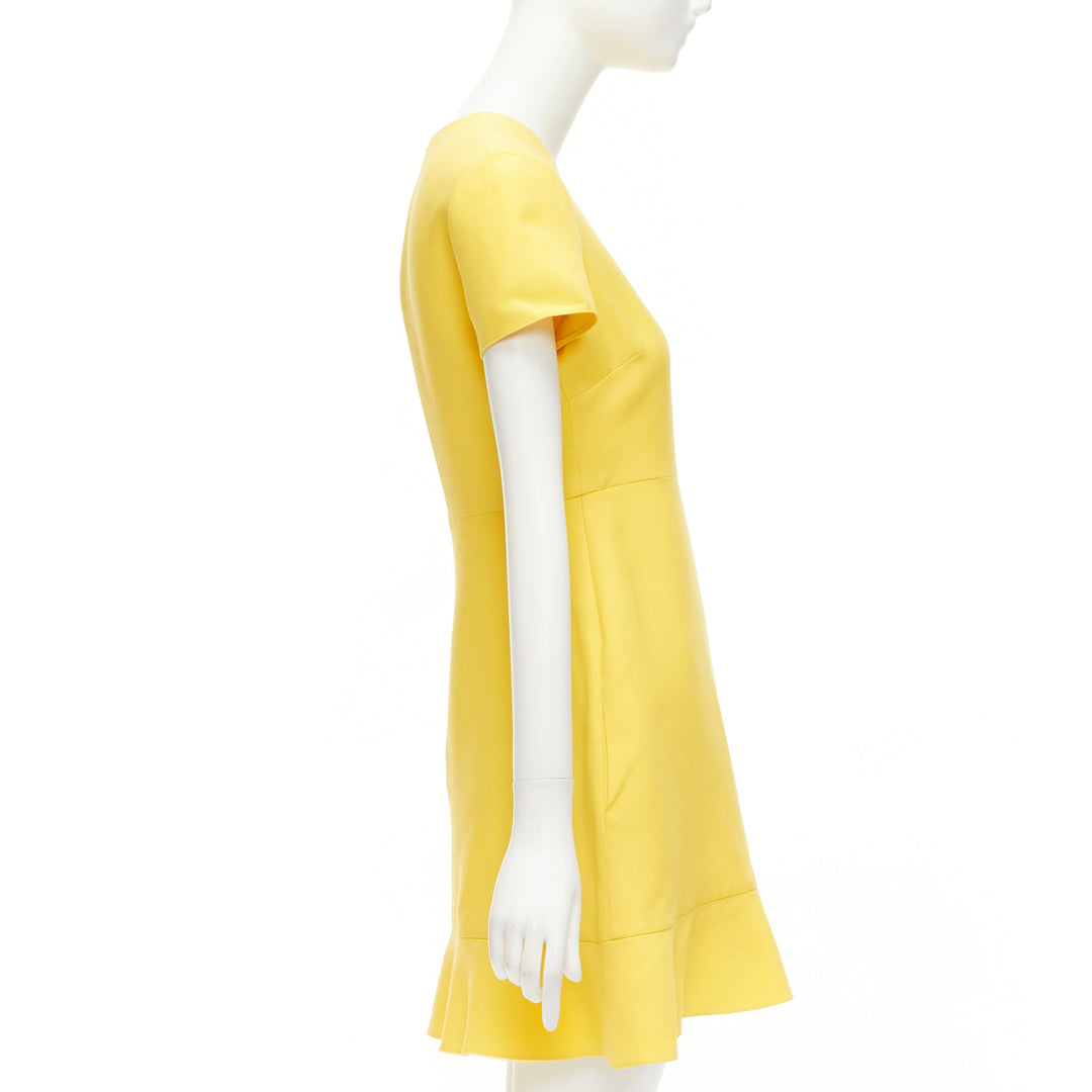 VALENTINO yellow wool silk short sleeve ruffle hem fit flare dress IT42 M